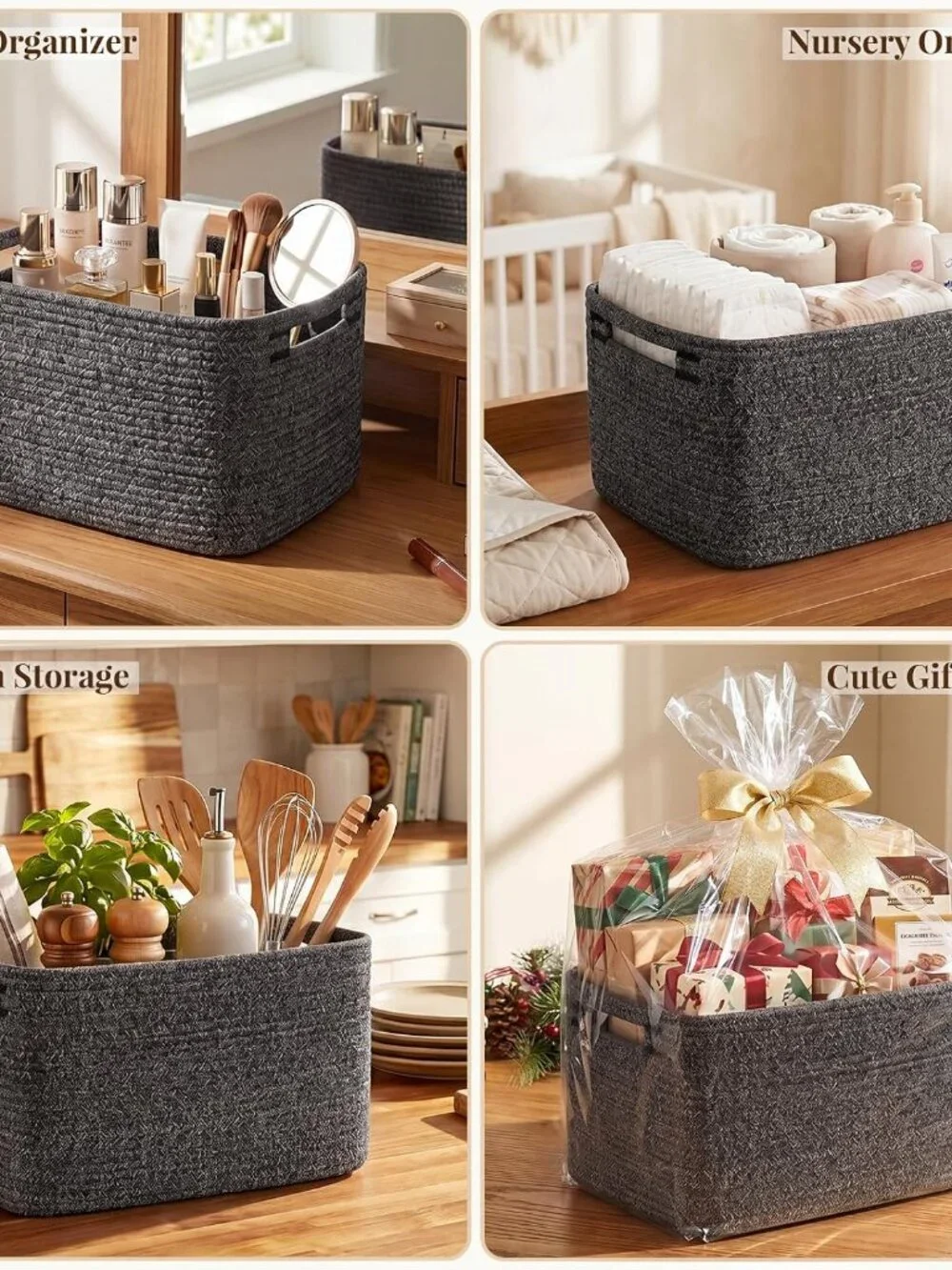 New 4Packs Natural Cotton Rope Storage Baskets for Organizing Toys, Clothes, Tow
